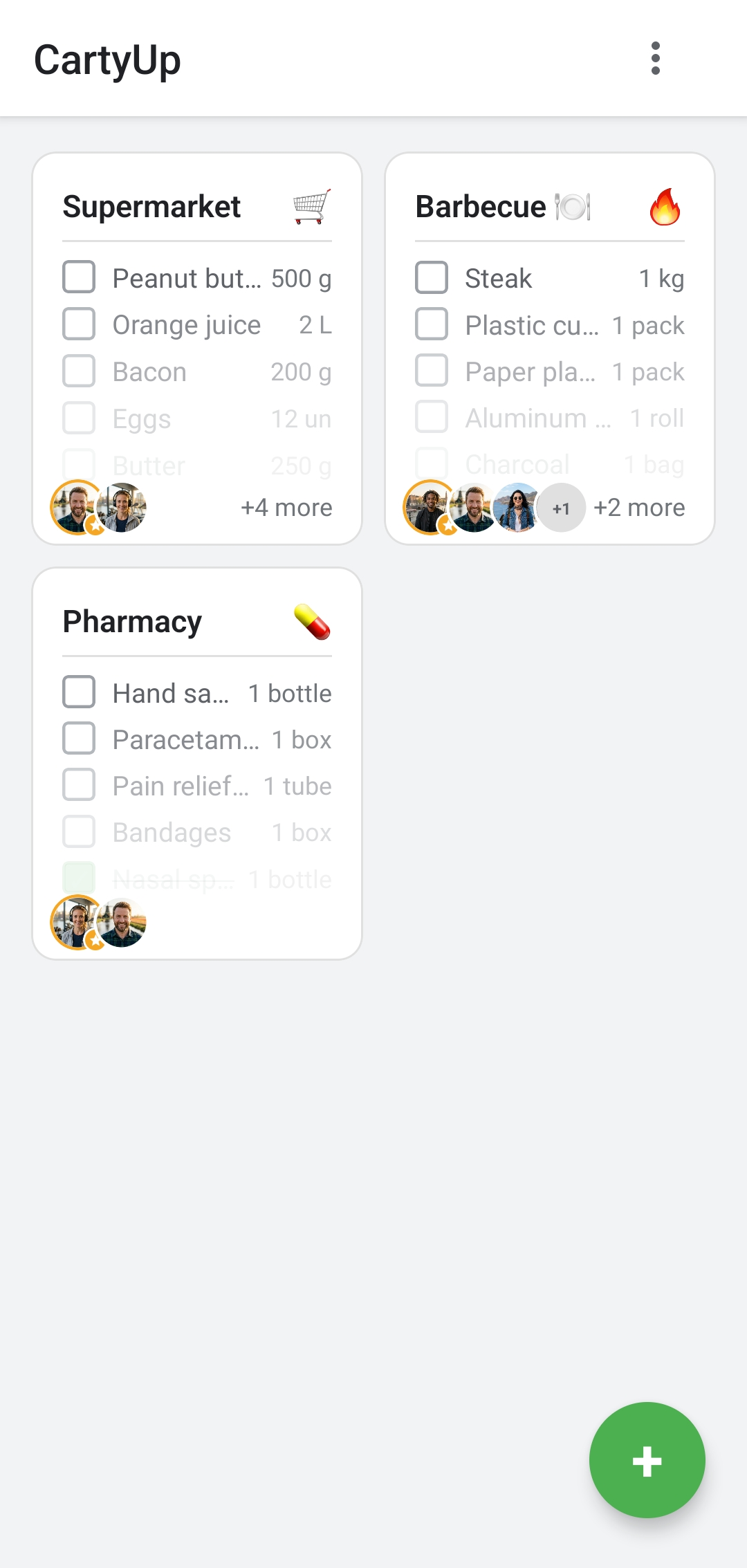 Home screen with multiple shopping lists